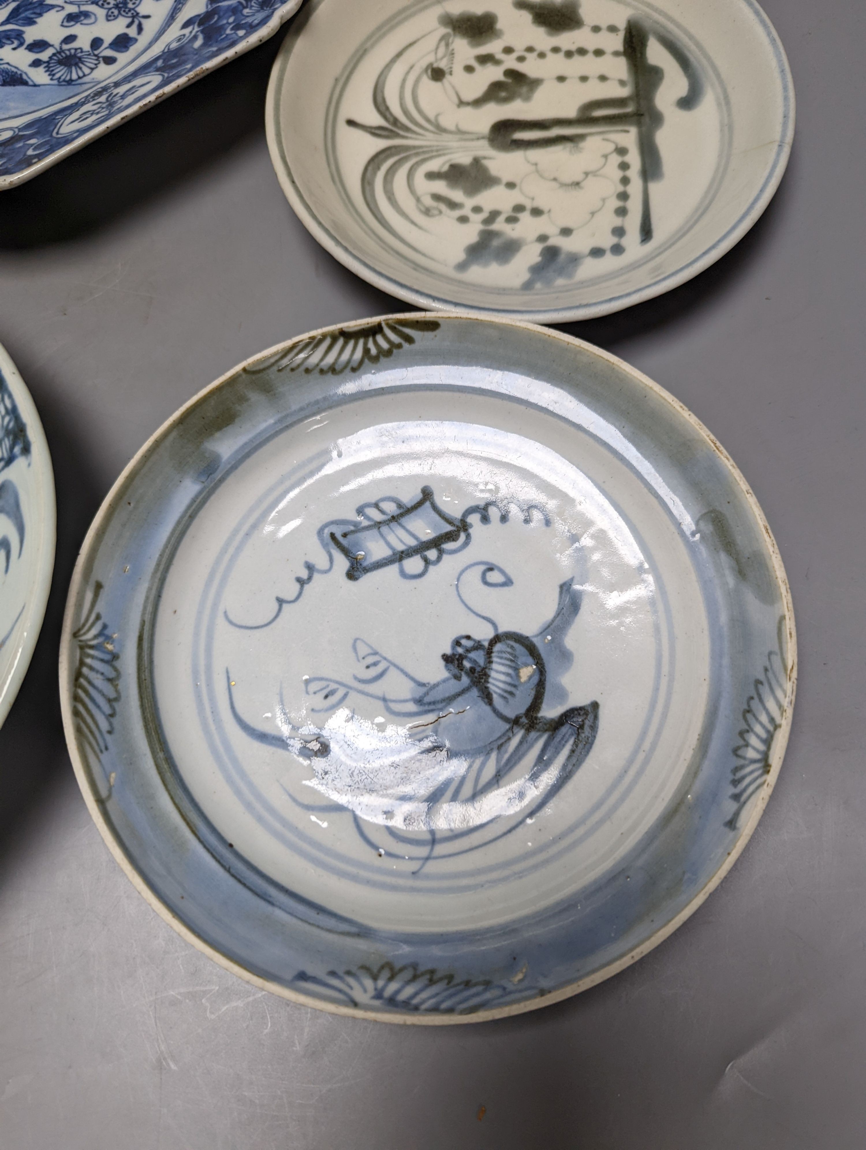 An 18th century Chinese export blue and white meat platter, 38 cms wide, and other Oriental tableware (6)